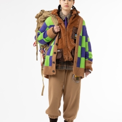 Checkered Cardigan Green/Camel/Purple 